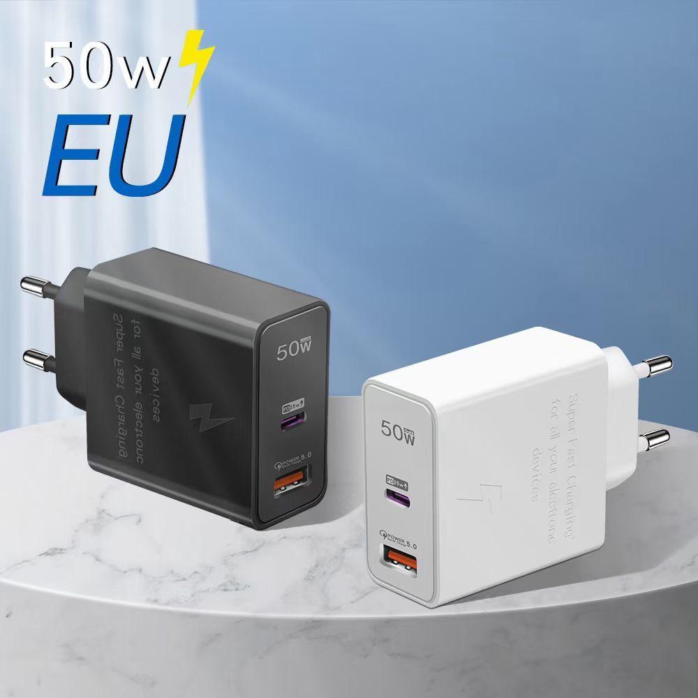 50W Dual-Port Charger, Compatible with Samsung, Huawei, and Apple Phones, PD Fast Charging Adapter for EU/US/UK Standards.