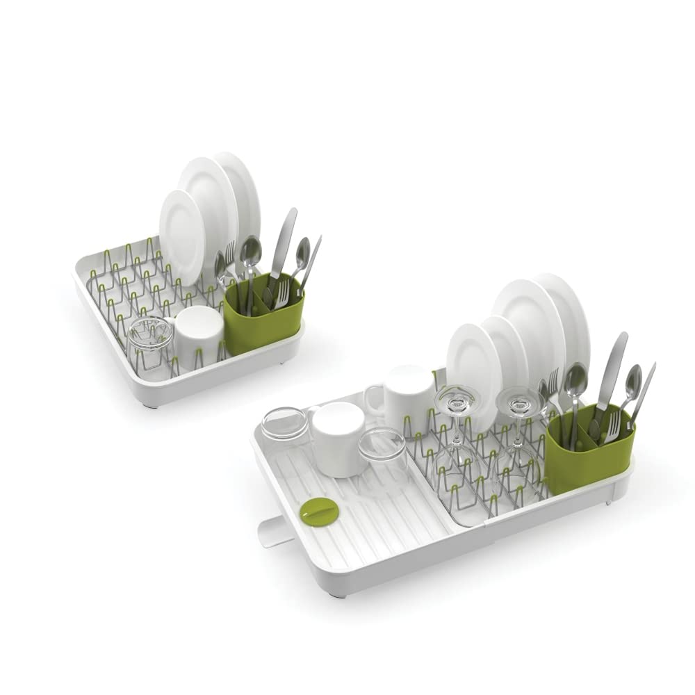 Joseph Joseph Extend Telescopic Drainer Drying Rack for Sinks with Removable Cutlery Holder and Swivel Drainer Spout Off 85071 - - White/Green