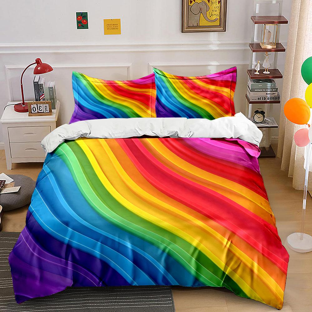 Colorful Rainbow Wavy Pattern. Print Bedding Set 1 Duvet Cover 2 Pillowcases for Adult and Children Luxury Gift Full Size