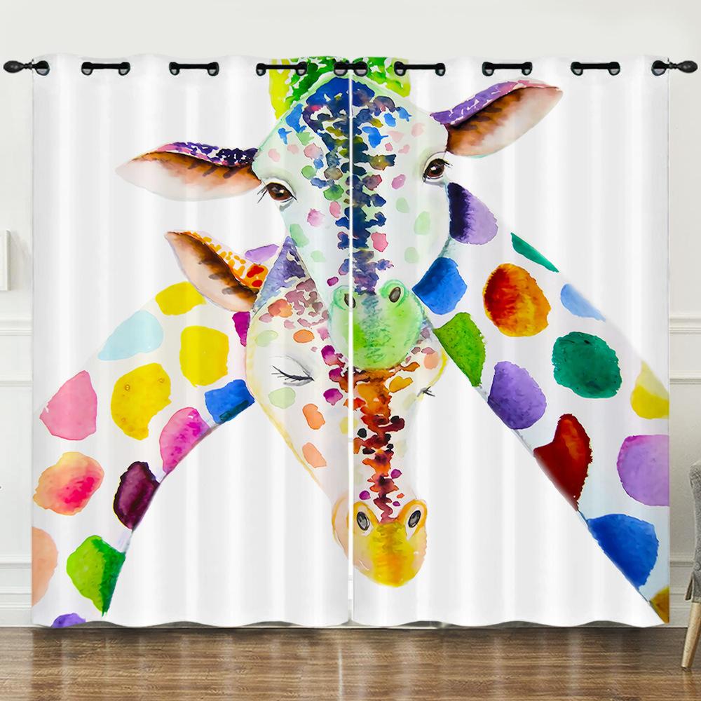 Curtain Cartoon Animal Love Giraffe 3D Digital Printing Blackout Curtain Punching