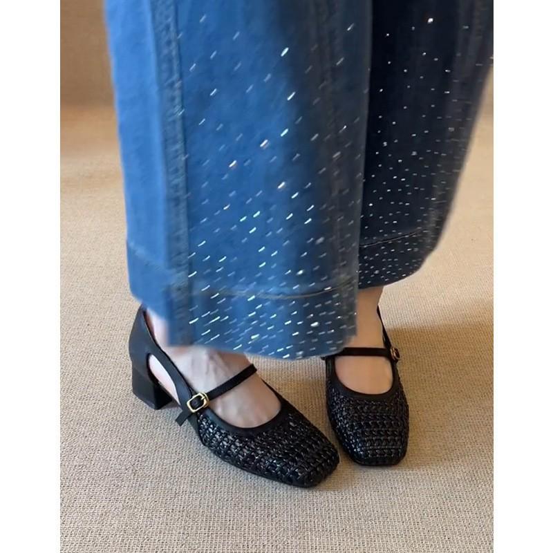 Retro hollow knitting word with Mary Jane shoes women's single shoes temperament thick heel bag head sandals