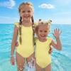 Girls One Piece Swimsuit Striped Print Sleeveless Ruffle Shoulder Swimwear Kids Summer Beachwear Bathing Suit for Children