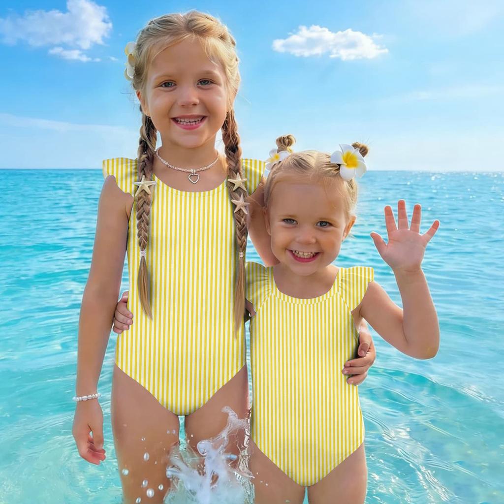 Girls One Piece Swimsuit Striped Print Sleeveless Ruffle Shoulder Swimwear Kids Summer Beachwear Bathing Suit for Children