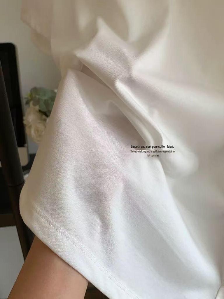 Women's Summer Slim Fit White V-Neck T-Shirt with Horse Embroidery - Pure Cotton, Regular Shoulder, Elegant Commuting Style