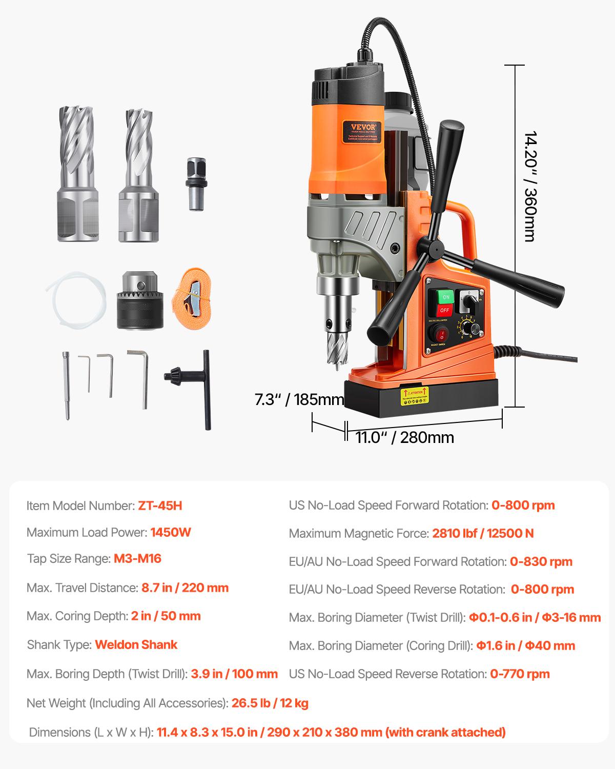 

SucceBuy Magnetic Drill 1450W Motor Boring Diameter 2810 lbf Portable Electric Mag Drill Press Variable Speed Drilling Machine