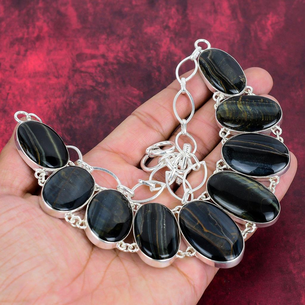 Blue Tiger's Eye Handmade Gemstone Jewelry, 925 Solid Sterling Silver Necklace Unique Design Jewelry, For Women