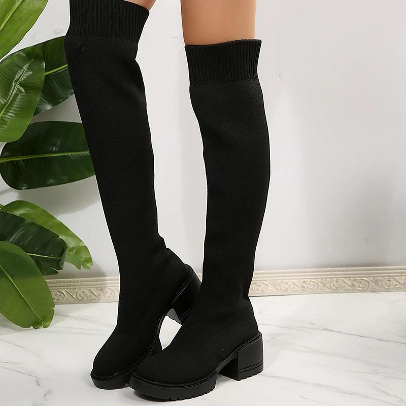 Fashion Plus Size Elastic Knitted Over The Knee Boots Women Slip On Chunky Heel Long Botas Mujer 2025 Spring Autumn Thigh High Boots