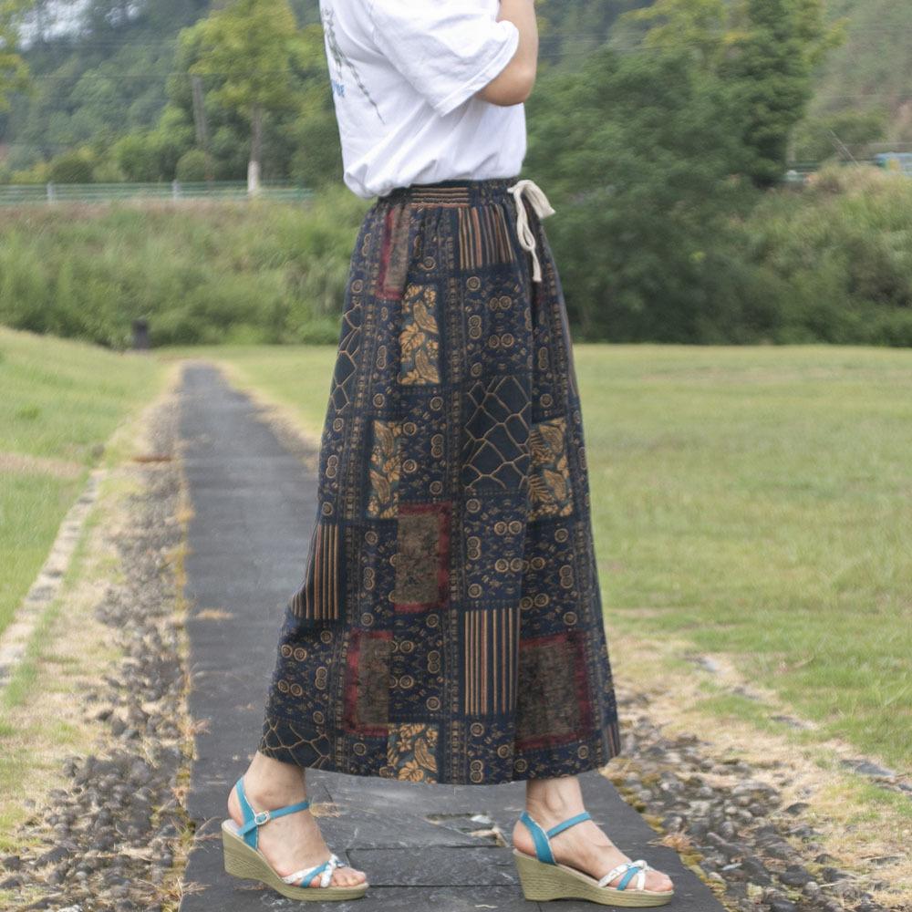 

Летние свободные винтажные брюки для женщин из хлопка и льна в ретро-этническом стиле, широкие брюки с эластичной резинкой на талии, укороченные брюки One Size