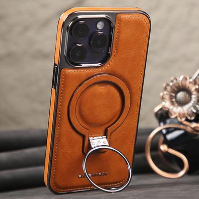 Magnetic Bracket Phone Case For iPhone 16 Pro Max 15 14 Pro 13 12 Shockproof Metal Ring Luxury Business Leather for Magsafe Shell Cover