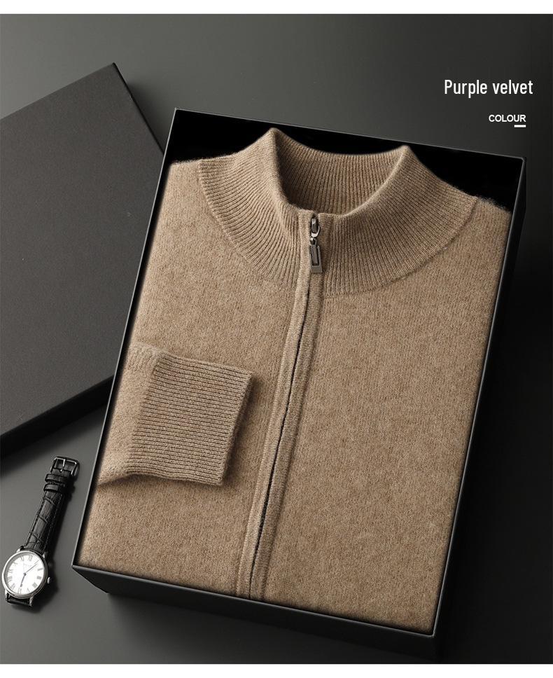Siping Men's Thick Cashmere Cardigan, Zipper Stand Collar, Warm Knit Outerwear, Business Casual Wool Sweater