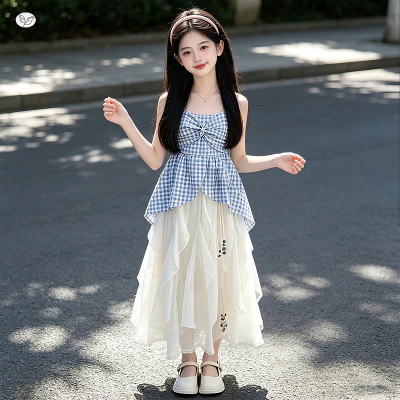 2026 New Girls' Plaid Strappy Top & Long Skirt Set - Korean Style