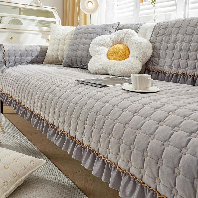 French Cream Style Sofa Cushion Four Seasons Universal Straight Row Plush Sofa Cover Cushion Anti-Slip Cover Cloth Winter