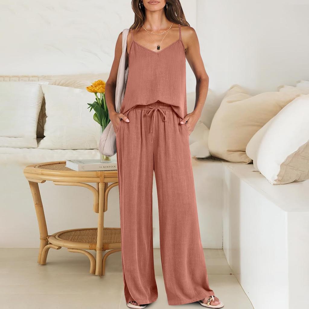Dámské 2dílné outfity Lněné Topy Bez rukávů Šňůrka Široké nohavice Kalhoty Odpovídající set s kapsami
