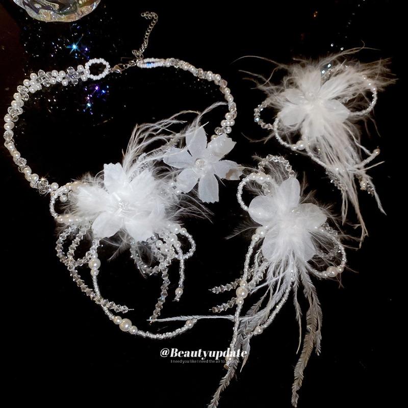 

Bowknot feather ear cuff necklace - ethereal & elegant vacation jewelry set