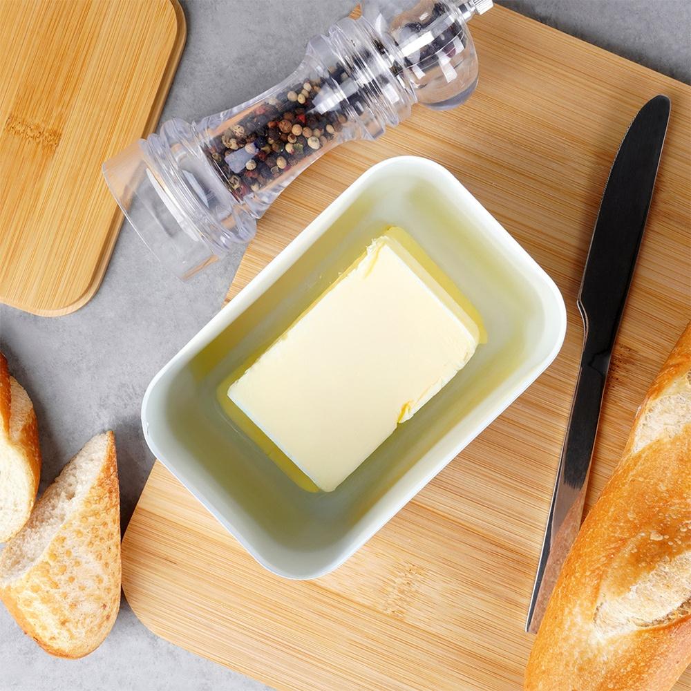 White Steel Bamboo Butter Dish Kitchen Container for Butter