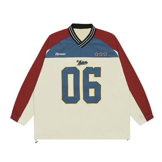 

2024 Ретро V-образный вырез Колорблок Оверсайз Толстовка для пары M красный