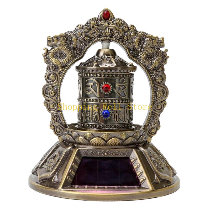 

KX4B Solar Buddhas Scriptures Prayer Wheel Solar Powered Tibetan Prayer Wheel Ornament for Desk Car Interior Dashboard Decors бронзовий