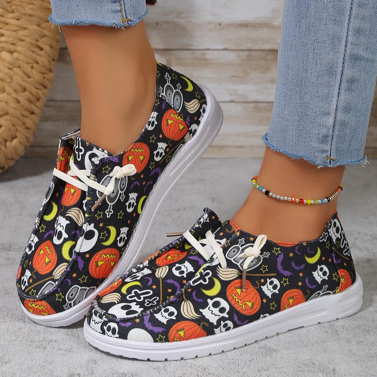 

Хэллоуин принт тыквы призрак череп парусиновые туфли повседневная обувь одинарная обувь 43 чёрный