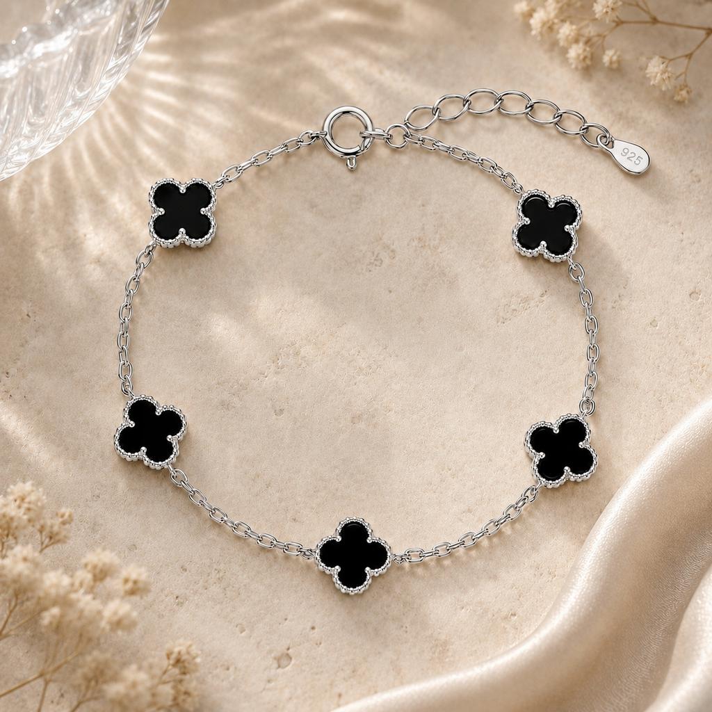 Silver Bracelet 925 Silver Women' Clover Elegant Onyx Gift