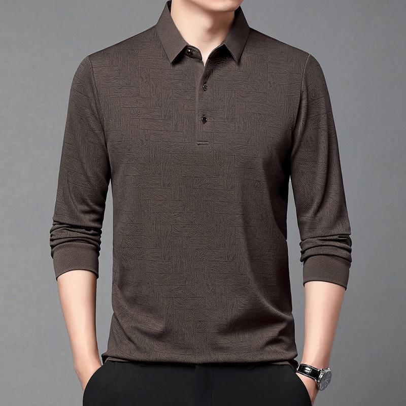 Spring Autumn Polo Shirts Men Business Casual Elastic Polos Solid Color Print Long Sleeve Tees