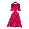 Xiaoxiangfeng foreign style fashionable round neck short-sleeved metal buckle waist knitted dress women's summer thin sweater long dress
