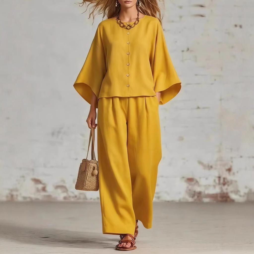 Womens Summer Linen Cotton Blended Top Wide Leg Pants Suit With Spliced Pattern For Casual Office Wear