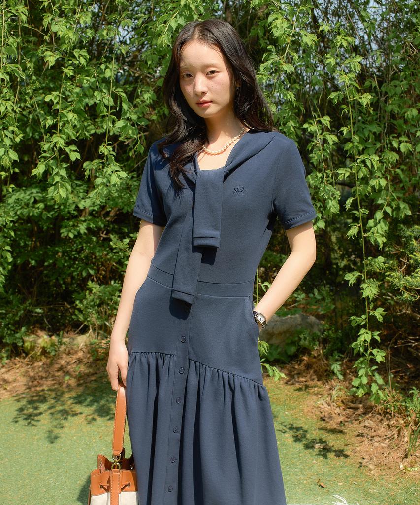 Salon De Yon Shawl Layered Long Dress_ Navy
