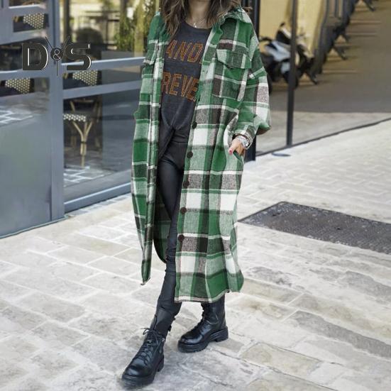 Podzim Zima Dámský Kabát Typ Košile Kostkovaný Potisk Jednořadé Zapínání Klopový Límec s Náprsními Kapsami Rozparek na Lemu Volný Střední Délka Denní Nošení Práce Venkovní