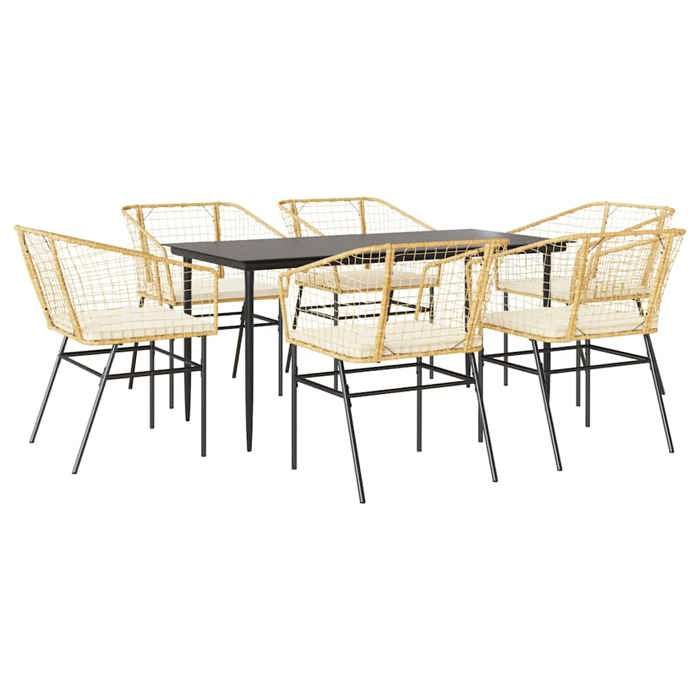 VidaXL Ensemble à manger jardin coussins 7pcs marron poly rotin verre 3334510