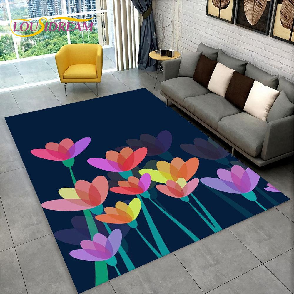 3D Nordisk Luksus Blomst Rose Områdeteppe Stort, Teppeteppe for Hjem Stue Soverom Sofa Dørmatte Dekor, Sklisikre Gulvmatter for Barn