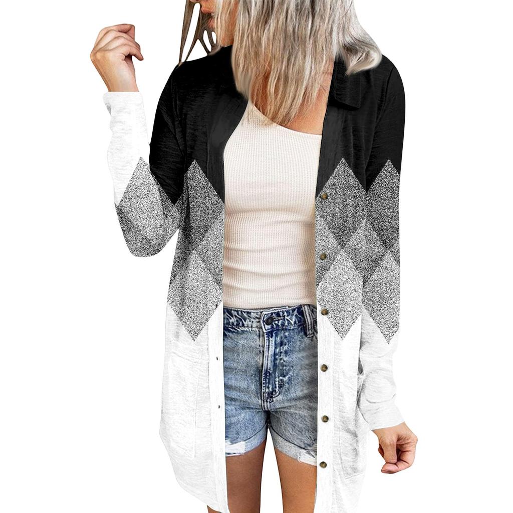 Women's Casual Fashion Printed Long-sleeved Mid-length Cardigan Jacket