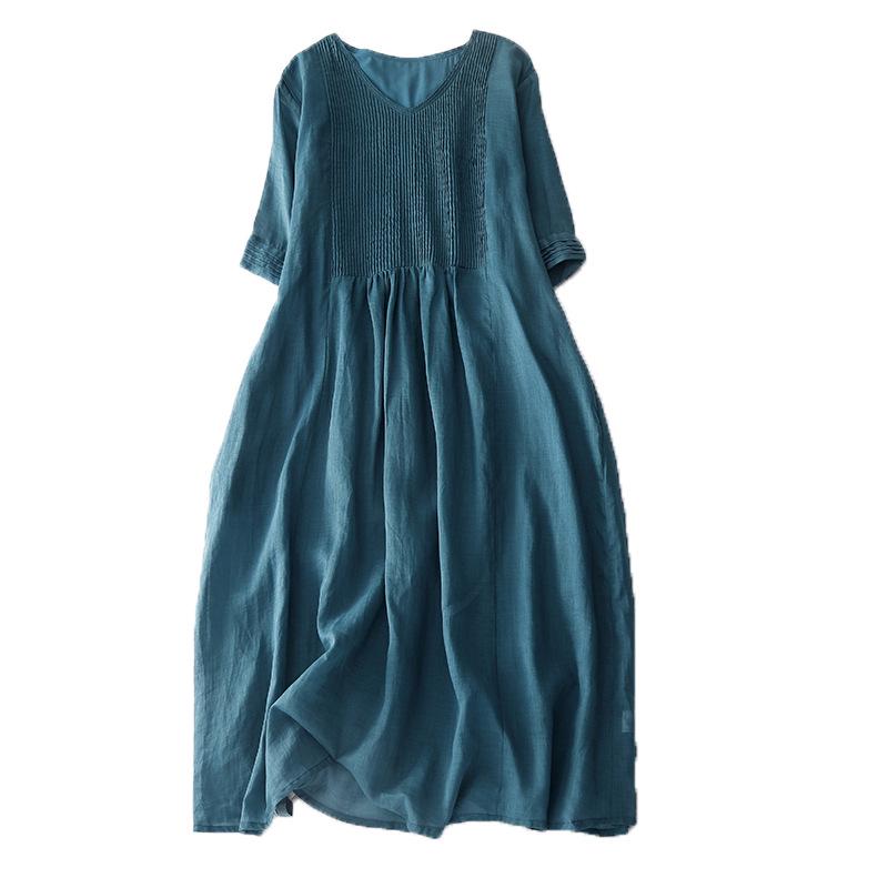 2024 Summer Women's Cotton-Linen V-Neck Pleated Retro Dress