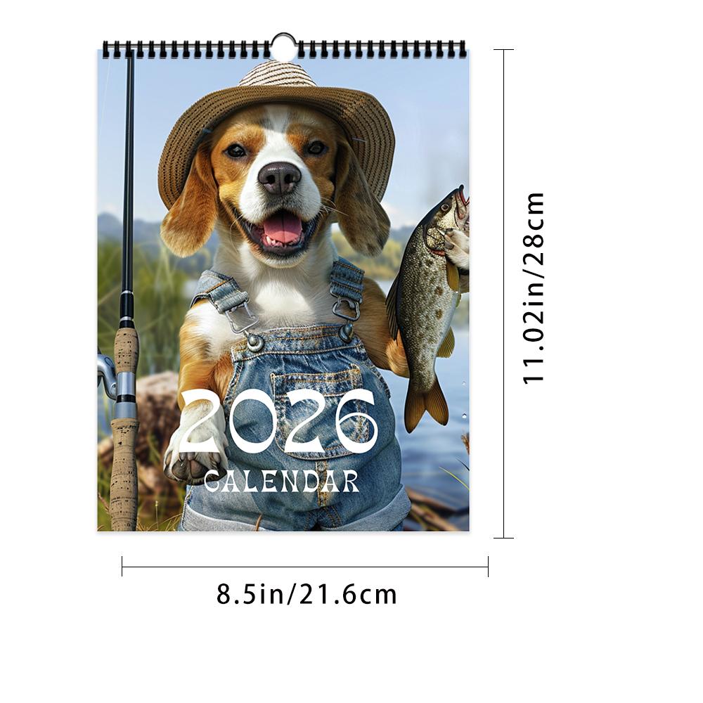 

1 шт. Настенный календарь на 2026 год «Рыбалка с собаками», 12 красивых дизайнов, идеальный подарок на дни рождения, Рождество, Новый год, включает версию для США