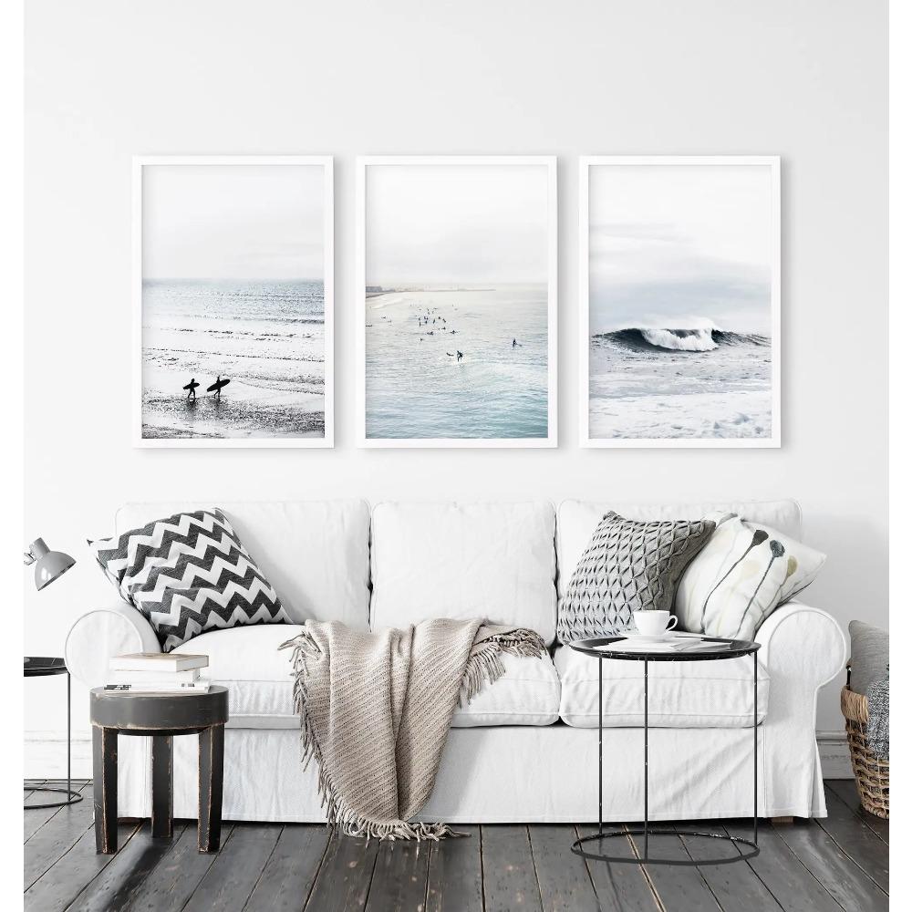 Soft Blue Coastal Surf Wall Art Prints, Minimalist Ocean Wave Beach Canvas Posters, Neutral Boho Living Room Home Decor Gifts