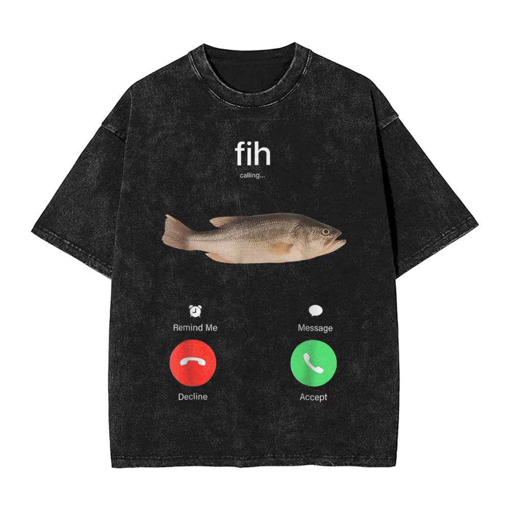 Fih Chiamata Ricordami Messaggio Rifiuta Accetta Chiamata Telefonica Pesce Lavato T-shirt Uomo Vintage Cotone Magliette Girocollo T-shirt Abbigliamento da Festa