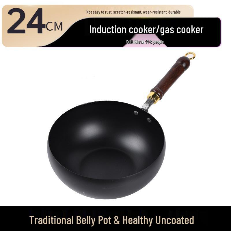 Zhangqiu Handgefertigter Antihaft-Eisen-Wok: 24CM Wok mit großem Bauch zum Pfannenrühren, für Gerichte, zum Schmoren & für Suppe.