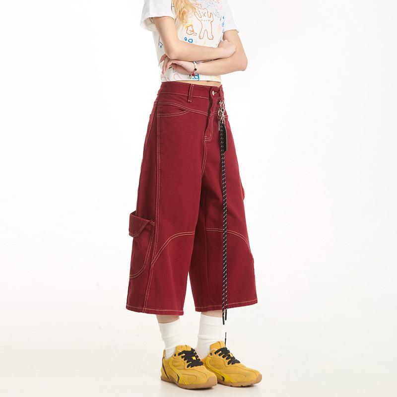 

Retro washed black multi-pocket overalls men s loose and lazy casual cropped pants S бордовый