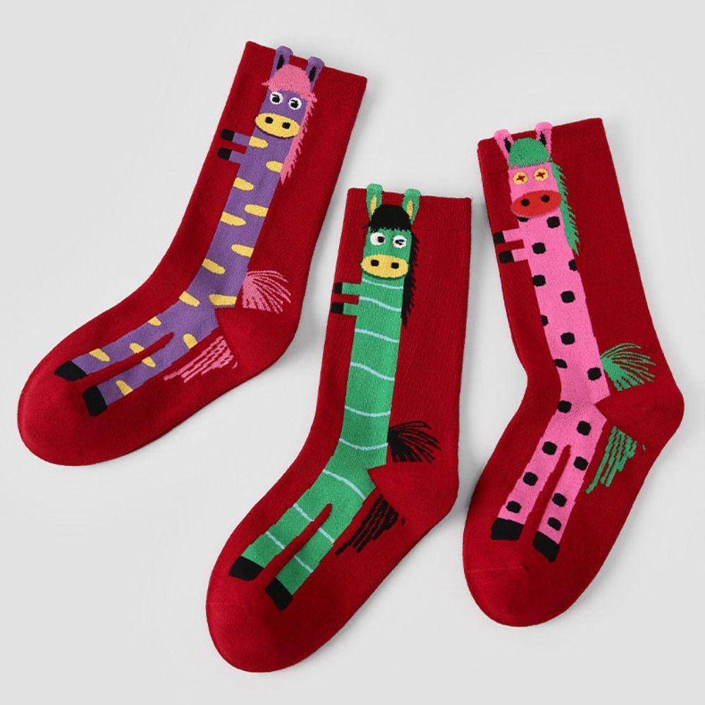 3Pairs Cartoon New Year Tube Socks Mid Calf Zodiac Year Socks Funny Red Cotton Socks Gift