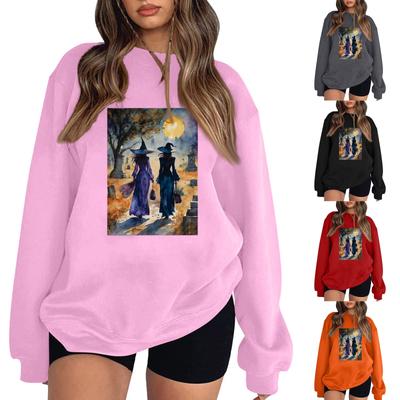 Women's Casual Round Neck Long Sleeved Pullover, Halloween Printed Top, Long Sleeved Hoodie