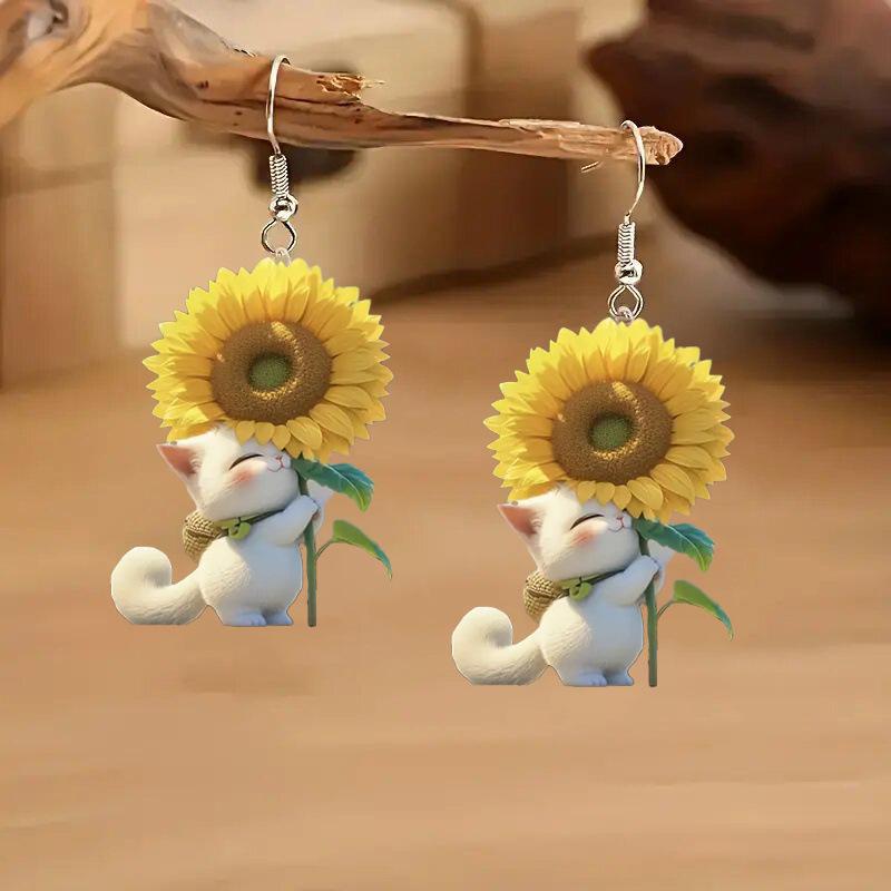 Cross-border hot-selling cartoon cute cat sunflower earrings flat acrylic cute cartoon kitten earrings