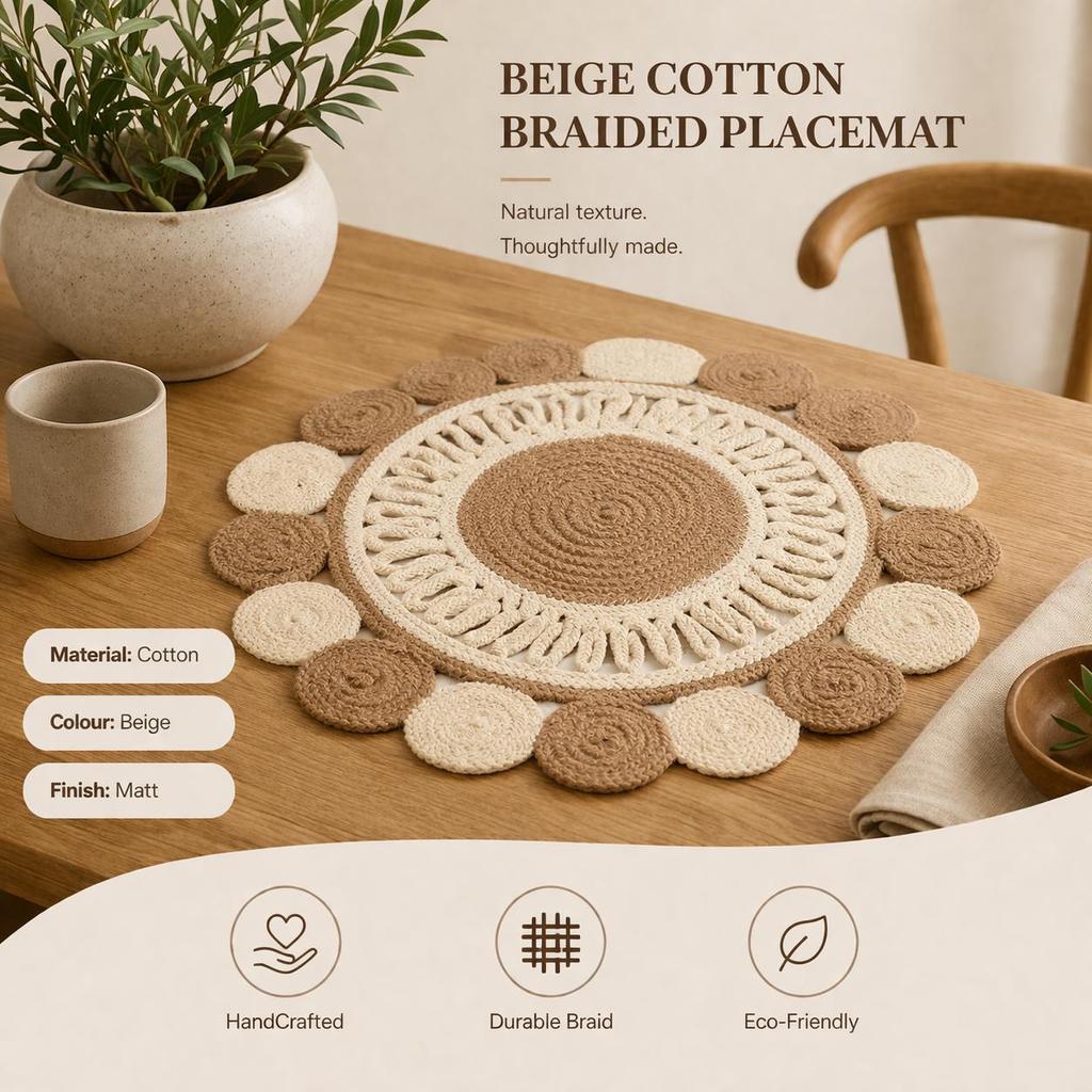 Beige Cotton Braided Placemat -Handcrafted Durable Table Mat for Dining