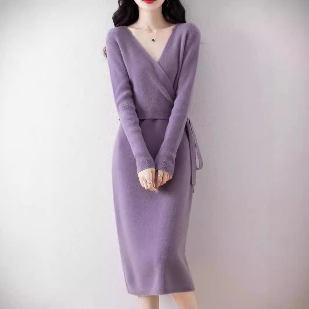 

French V-Neck Long-Sleeve Kimono Collar Wool Sweater Dress for Autumn and Winter XXL [67.5-75 kg]