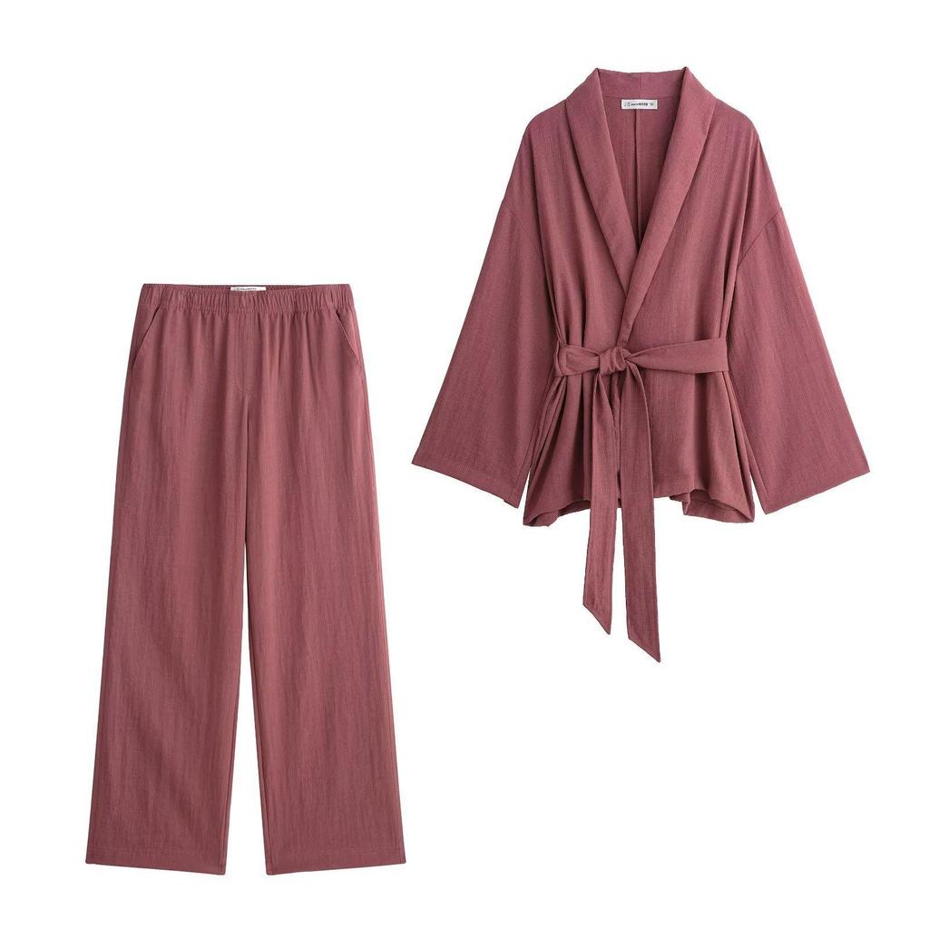 TAOP&ZA Women's Spring/Summer Belted Kimono-Style Outerwear with Casual Pants
