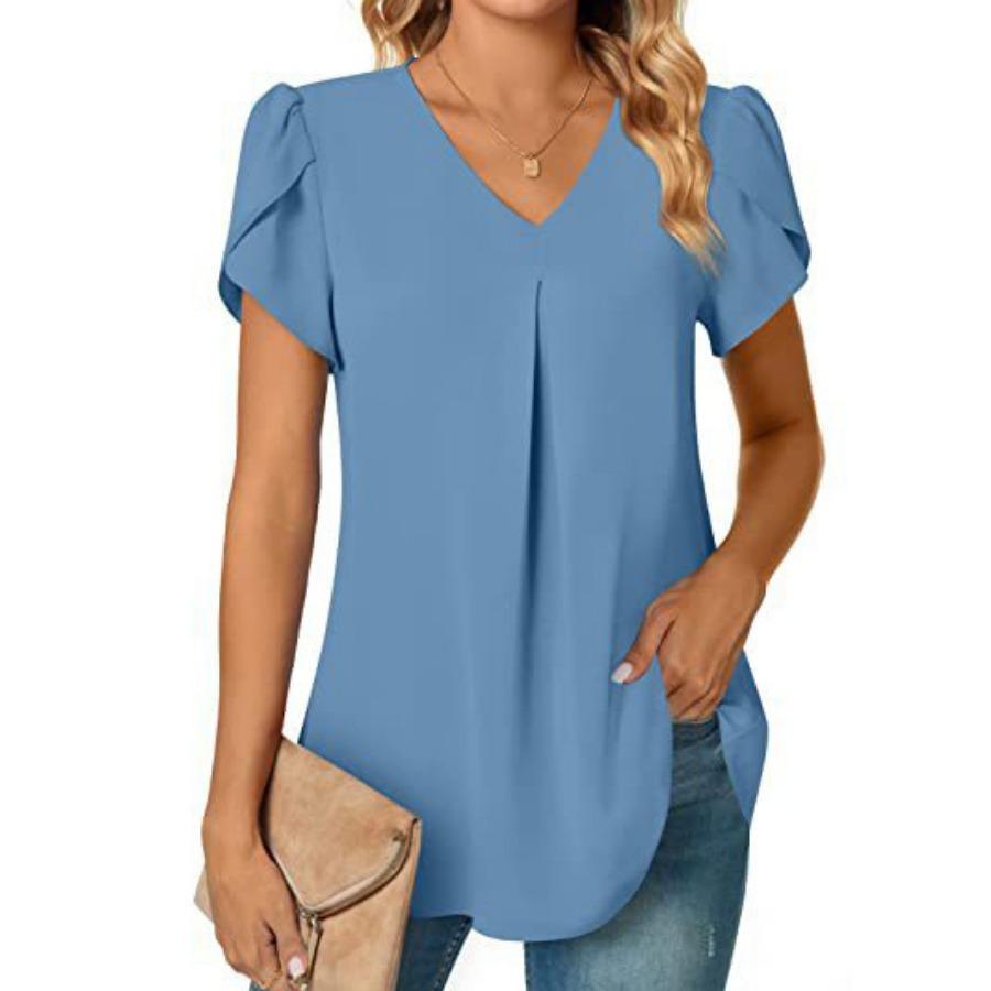 Summer V-neck Petal Sleeve Shirt Women's Solid Short Sleeve Blouse