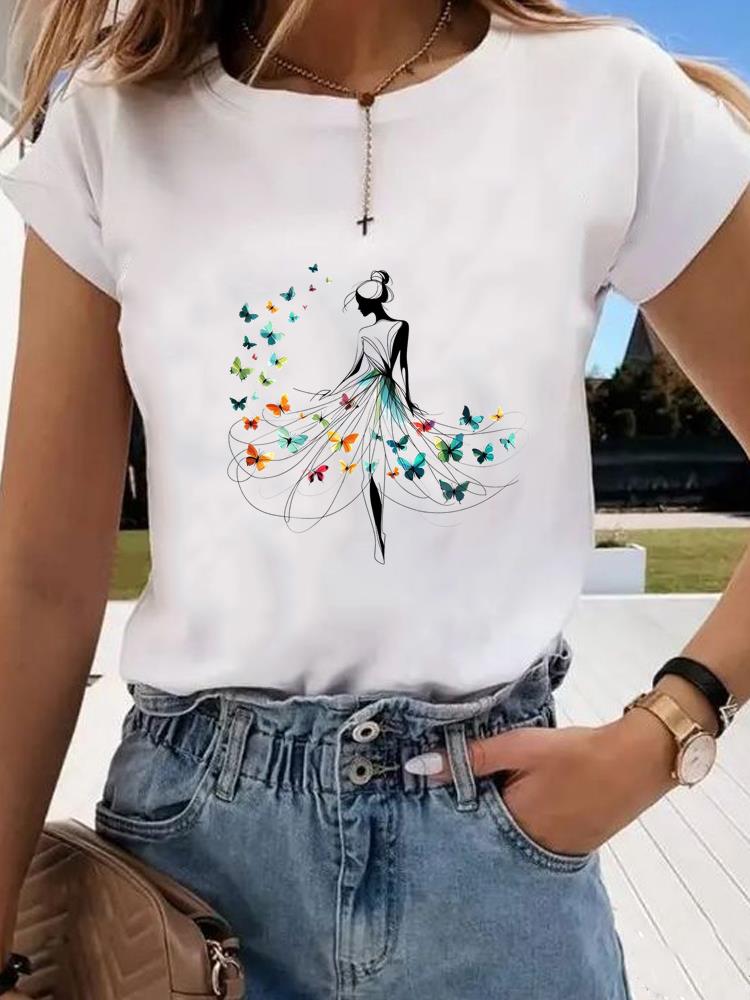 (Asian Size)  Sweet Flower Trend 90s Graphic Tee Fashion T Clothing Women's Top  Print Female Casual  Short Sleeve T-shirts