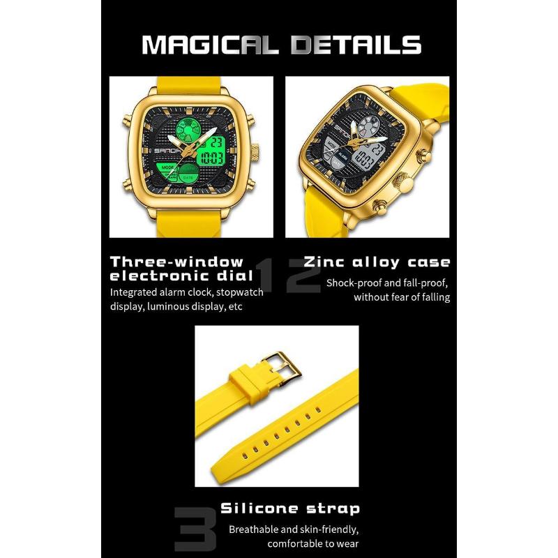 SANDA Retro Square Double Display Electronic Watch Night Light Waterproof Business Leisure Men's Watches Sports Silicone Strap Wristwatch