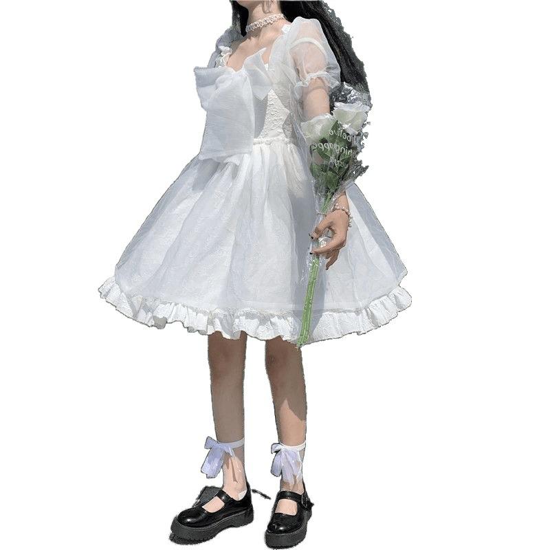 Sweet Short Sleeve Princess Stomach Cinching Puffy Mini Dress for Women Summer Style French Initial Short Skirt