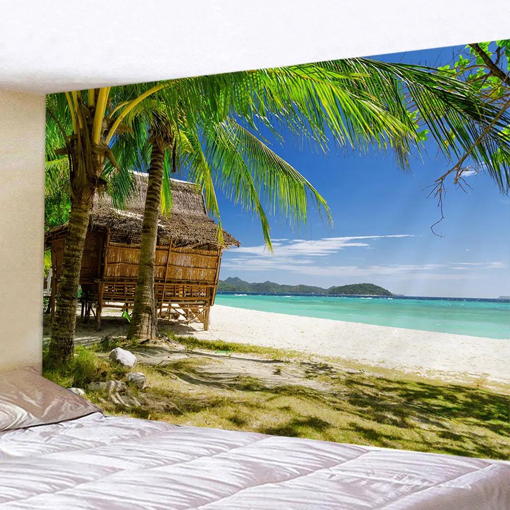 Seaside Coconut Tree Landscape Tapestry Nature Sea Art Ocean Beach 3D Print Wall Hanging Home Living Room Background Cloth Decor