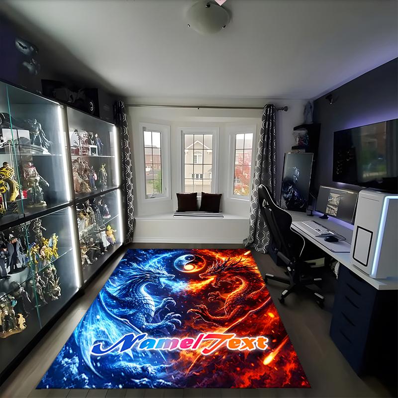 1PC Custom Name Yin Yang Dragons Theme Floor Mat Ideal for Living Room, Game Rooms, Office, Bedroom,Floor Mat Playful Design