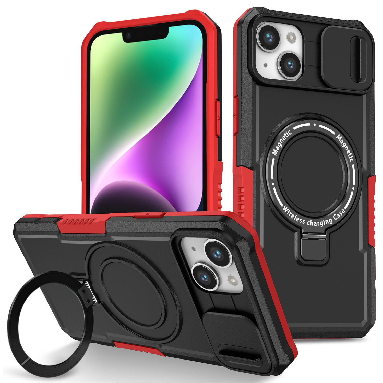 

For iPhone 14 Case Kickstand Magnetic Phone Protector with Sliding Lens Cover Red/Black